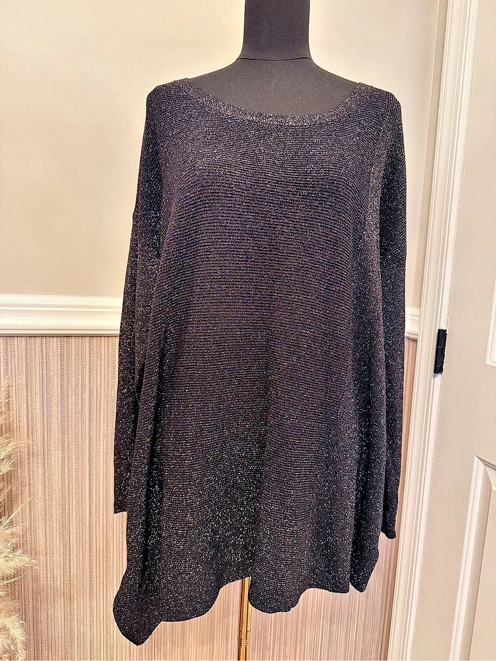 Black Metallic Asymmetrical Tunic Sweater Long Sleeve Oversized